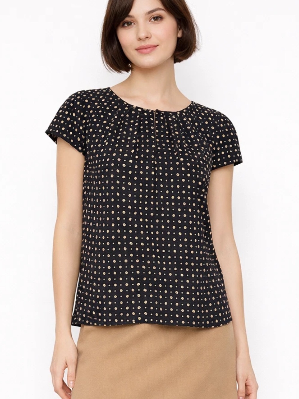 J. Crew 100% Silk Cap Sleeved Black Blouse Abstract Polka Dot Print Size 8